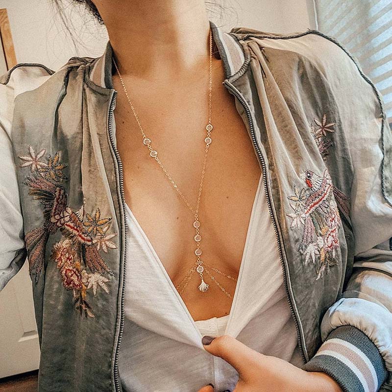 Sexy Metal Zircon Chest Chain for Women Simple Gold Color Double Layered Shell Pendant Waist Chain Party Jewelry Accessories