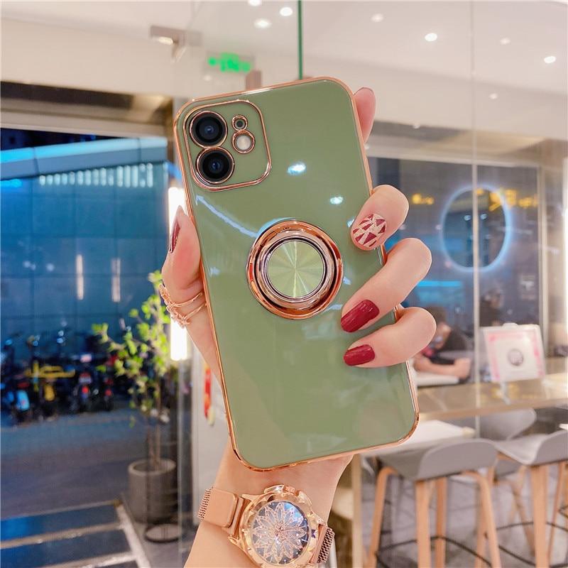 Luxury Ring Holder Case For iPhone 11 7 8 Plus Gold Plating Metal Stand Phone Cover For iPhone 12 Pro Max XS XR SE 2020 Silicone