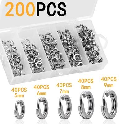 200/250PCS Stainless Steel Fishing Split Rings High Strength Large Tensile Force Fishing Lure Connector 5 Size with Tackle Box