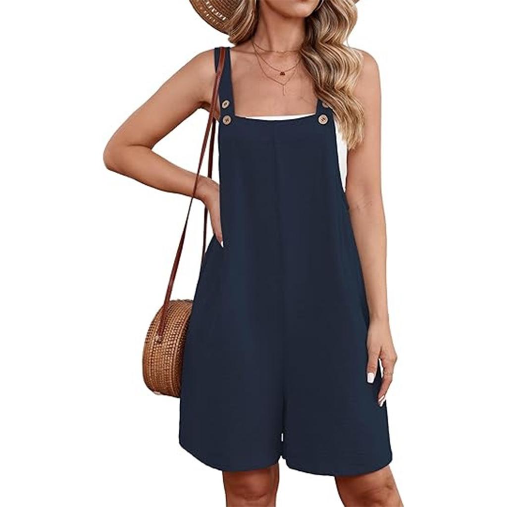 Women's Color Buckle Jumpsuit Shorts With Pockets And Suspenders