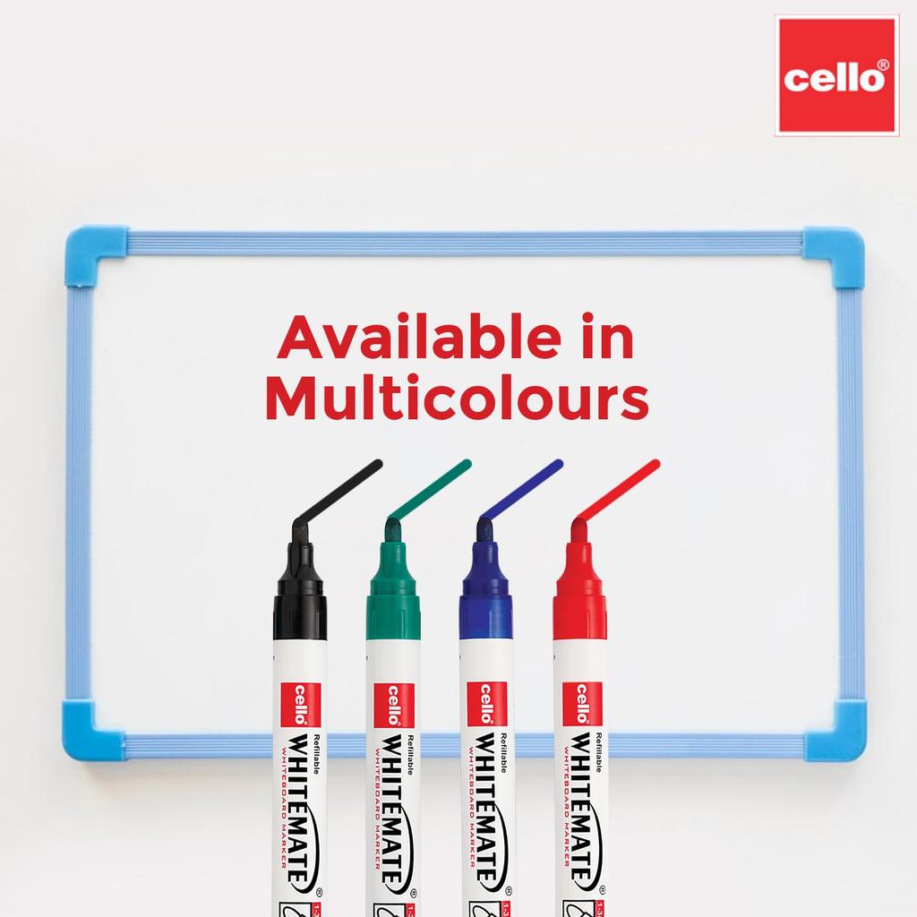 Cello Whitemate Whiteboard Markers Set of 1 X 4 Marker Pens with Duster | Assorted Colors | Bold Tip, Refillable & Erasable | OfficE Use