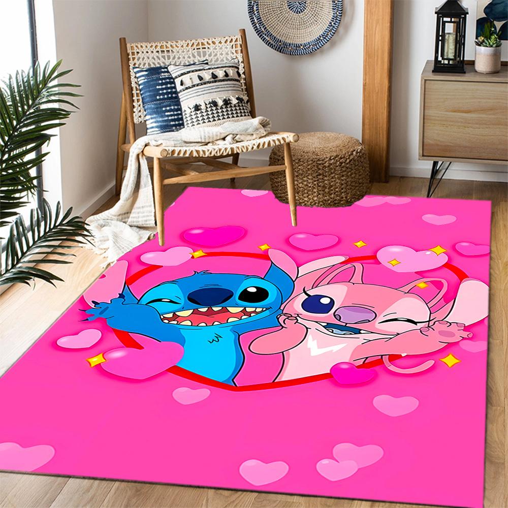 Stitch Adventure In Flowers Disney Cartoon Theme Anti-Slip Rug - Polyester, Home Decor, Suitable for Bedrooms, Living Rooms, Doorways, and Studios