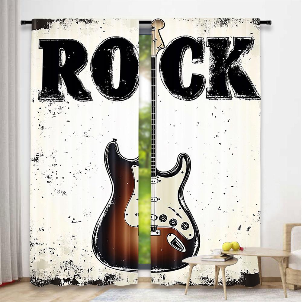 Rock Music Curtains Detailed Guitar Strings Retro Halftone Suitable Living Room Bedroom Set Of 2 Made Polyester Sitting Decor