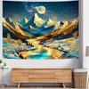 Magical Mountain River Tapestry, Golden Moon & Starry Sky Over Snowy Peaks Print, Wall Hanging for Nature Aesthetic Decor