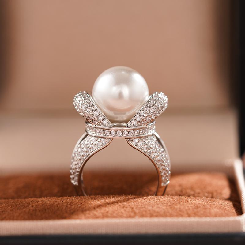 Huitan Fashion Gorgeous Simulated Pearl Ring for Women Luxury Engagement Jewelry with Brilliant Cubic Zirconia Graceful Gift
