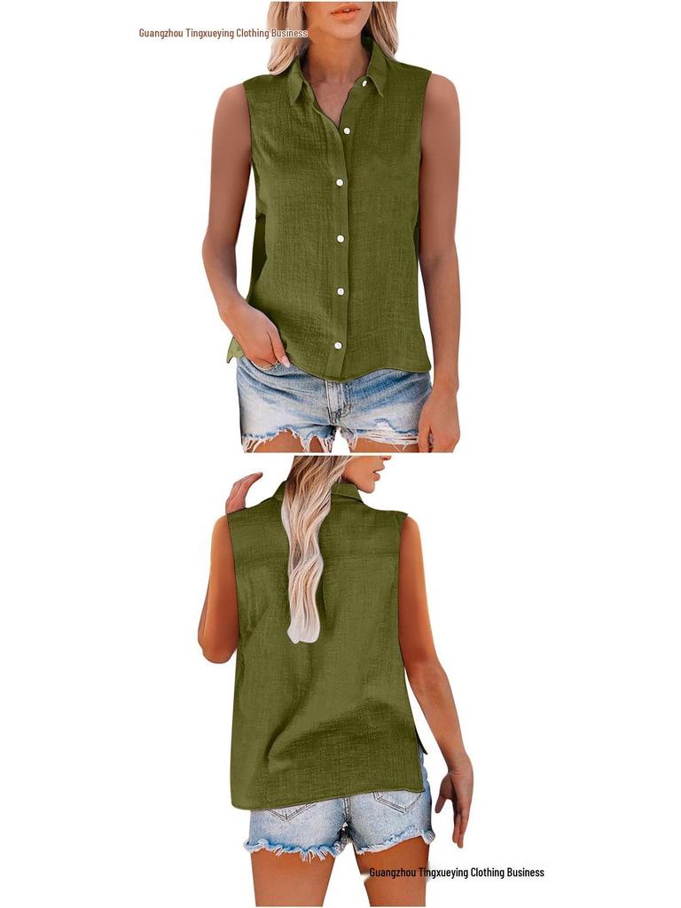 Sommer ärmelloses Revers Baumwolle Leinen Damenhemd