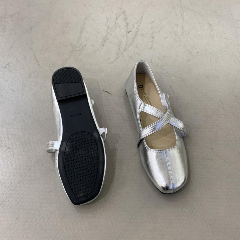 Korean Version of Cross-strap Silver Loafer Beanie Shoes 2025 Spring and Autumn New Gentle Ballet Flat Single Shoes Women's Ladyshoes