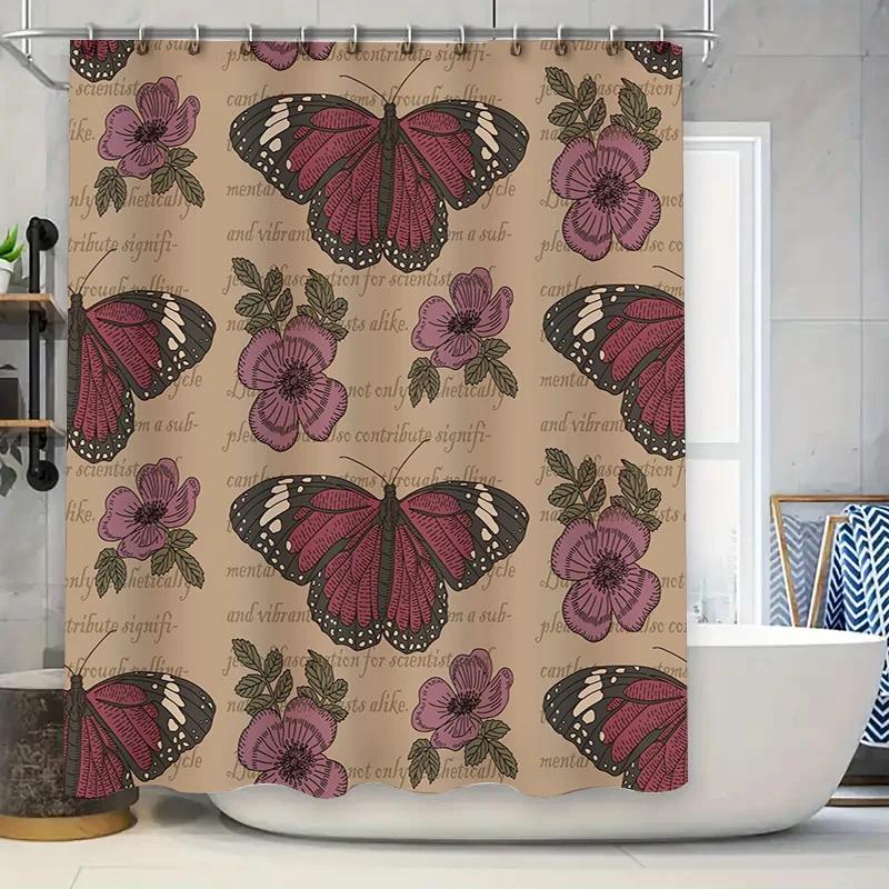 Pink Butterfly Floral Shower Curtain Decorative Water-Resistant Waterproof Fabric Bath Rug Set for Home Decoration