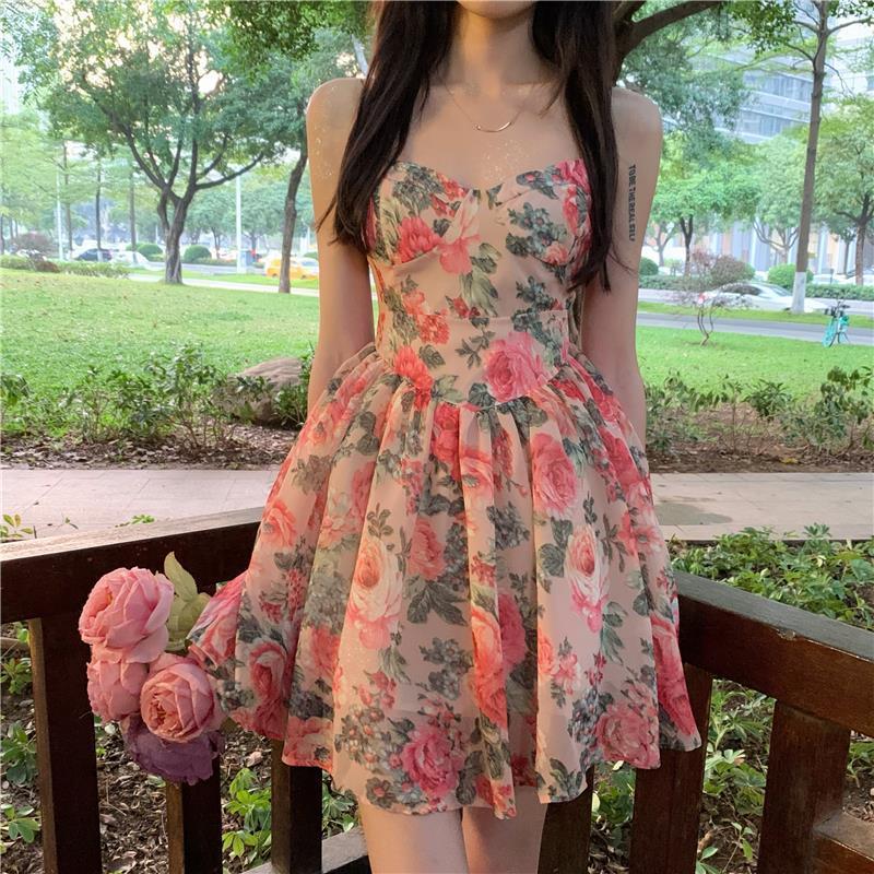Floral Print Cami Dress Waist Slimming A-Line Skirt French Style Summer Fairy Dress for Women