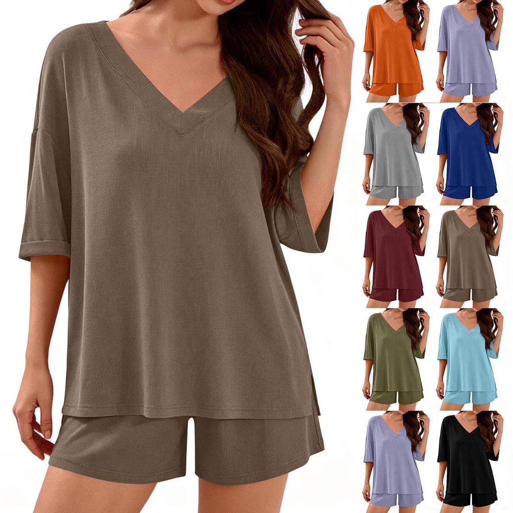 Women's Fashionable, Casual And Comfortable Plain Ribbed V-neck Short-sleeved Top And Shorts Casual Two-piece Set