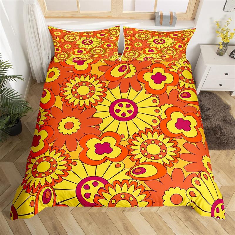 Retro Hippie Flower Duvet Cover Rainbow Floral Bedding Set Polyester Cartoon Ghost Comforter Cover Set 60S 70S Groovy Bedclothes