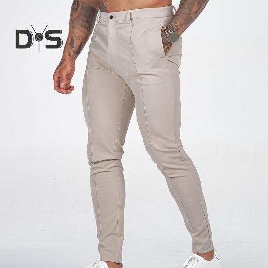 Herren-Hosen, schmale Passform, einfarbig, mittlere Taille, weich, dünn, atmungsaktiv, Schrägtaschen, knöchellang, Knopf, Reißverschluss, lange Herren-Business-Hose