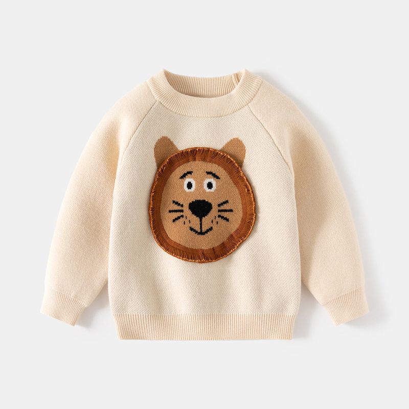 Autumn and Winter Korean Style Boys Pullover Long-Sleeved Sweater Girls Lion Knitted Top Children s Knitwear Children s Clothing Beige 100
