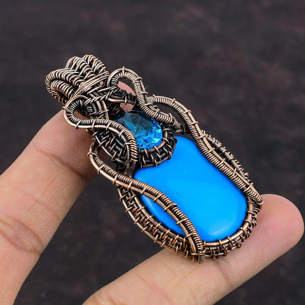Sleeping Beauty Turquoise Pendant Copper Wire Wrapped Pendant Swiss Blue Topaz Pendant Handmade Copper Jewelry Gemstone Pendant Gift For Him