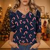 Women's V-Neck Christmas Print Shirt with Three-Quarter Sleeve and Loose Fit for Casual Daily Wear
