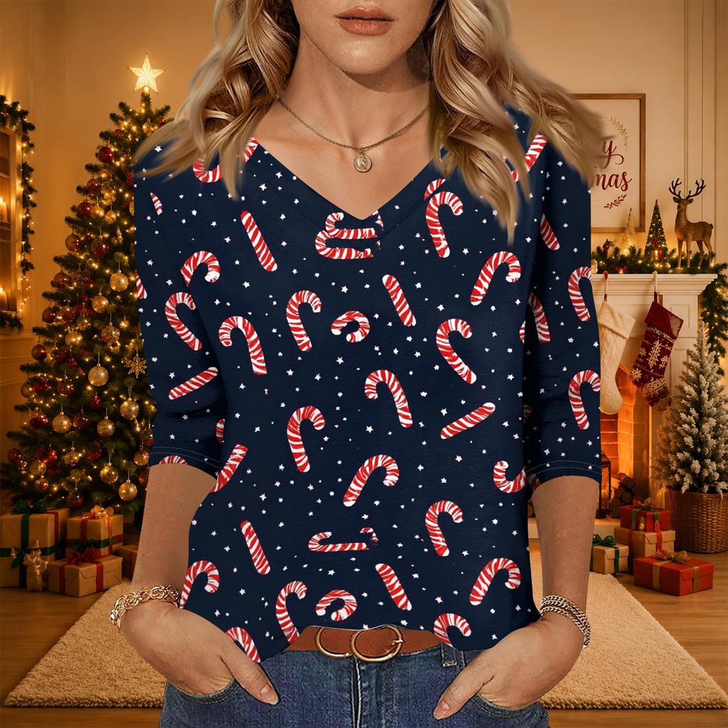Women's V-Neck Christmas Print Shirt with Three-Quarter Sleeve and Loose Fit for Casual Daily Wear