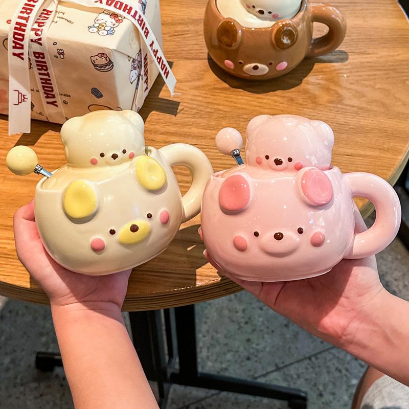 Cute Cream Bear Cup, Girls Ceramic Mug, High-value Souvenir, Practical Birthday Gift for Girlfriends
