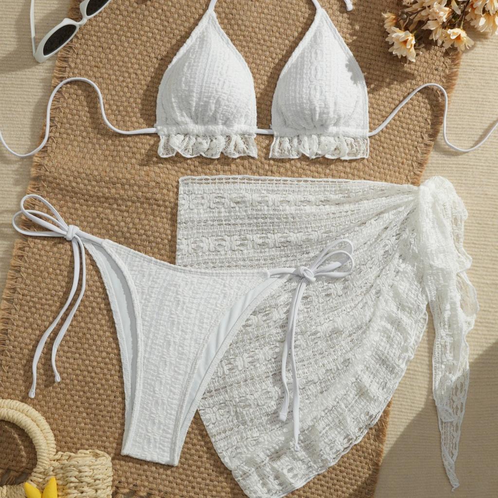 New Sexy 3 Piece Bikini Swimsuit Set with Sheer Skirt Solid Color Halter Swimwear CLE
