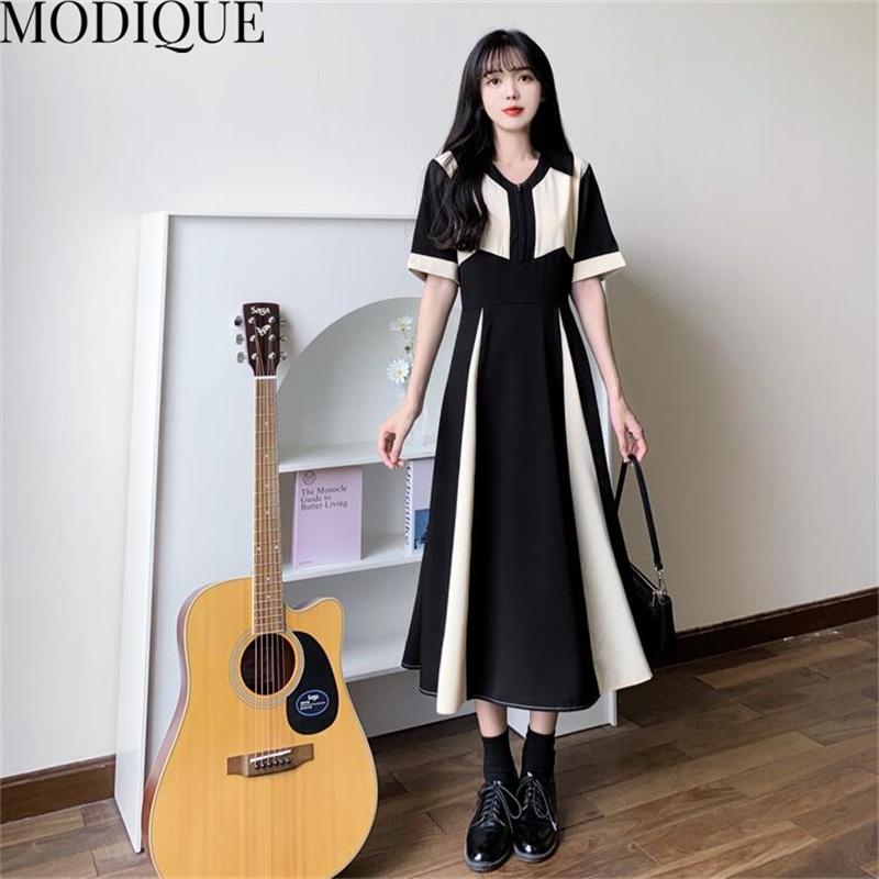 MODIQUE Summer Plus Size New Dress Shirt Women Loose Solid High Waisted Cotton Linen Spliced Dress Casual Female Dresses V-Neck Short Sleeve