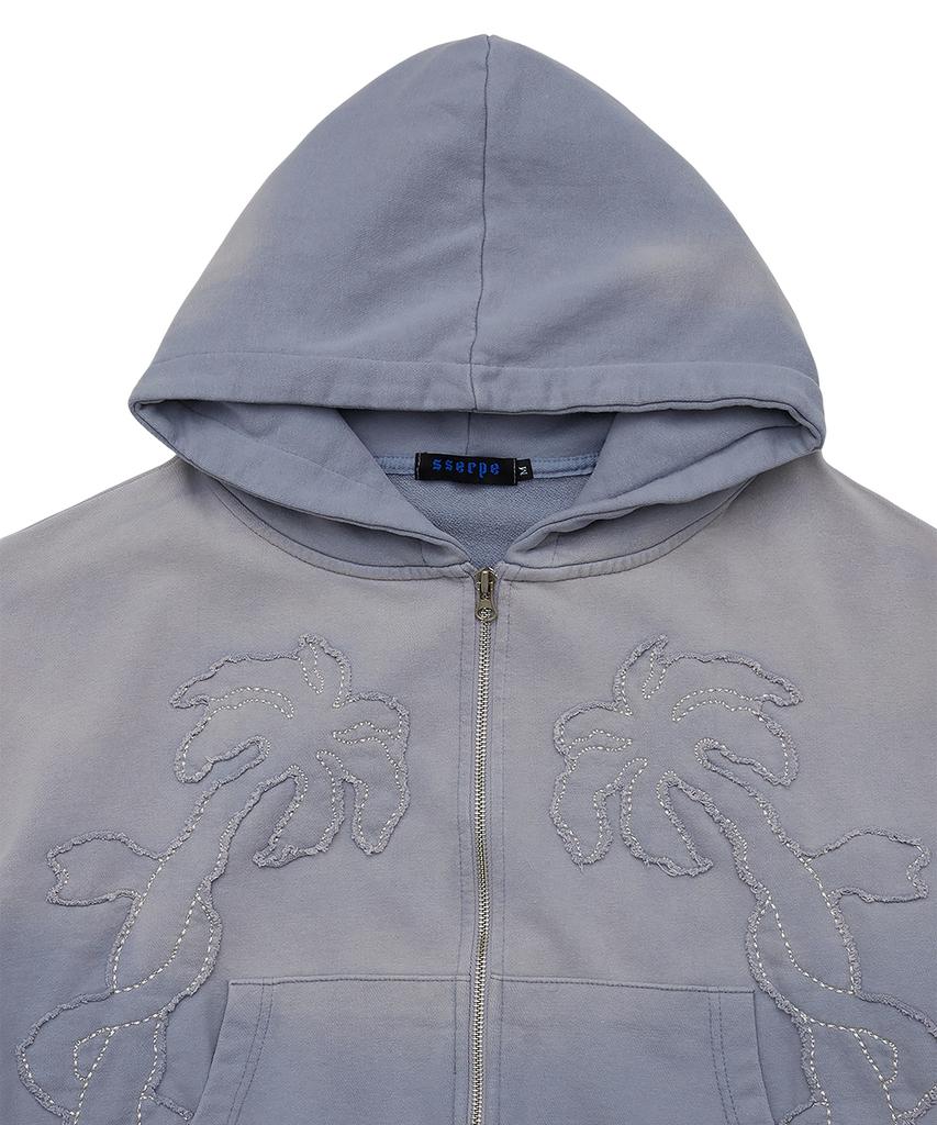Sserpe Applique Bleach Washed Crop Zip-Up Hoodie Light Blue
