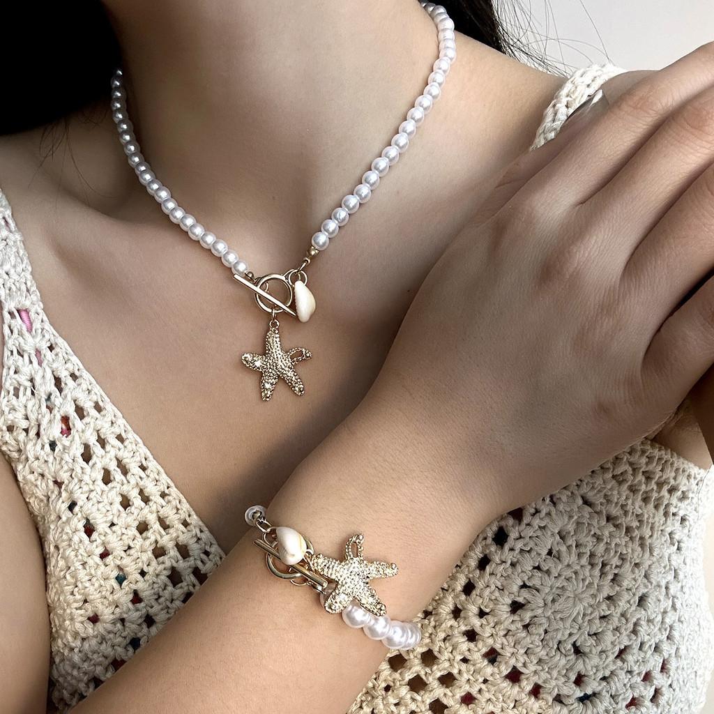 Summer Seashell Necklace And Bracelet Set With Alloy Pendant For Women