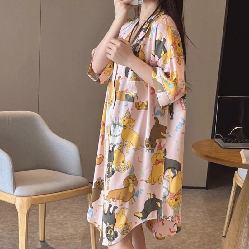 High-Value Cartoon Animal Ice Silk Short-Sleeved Pajamas Women'S Summer Monsoon Casual Loungewear Nightgown