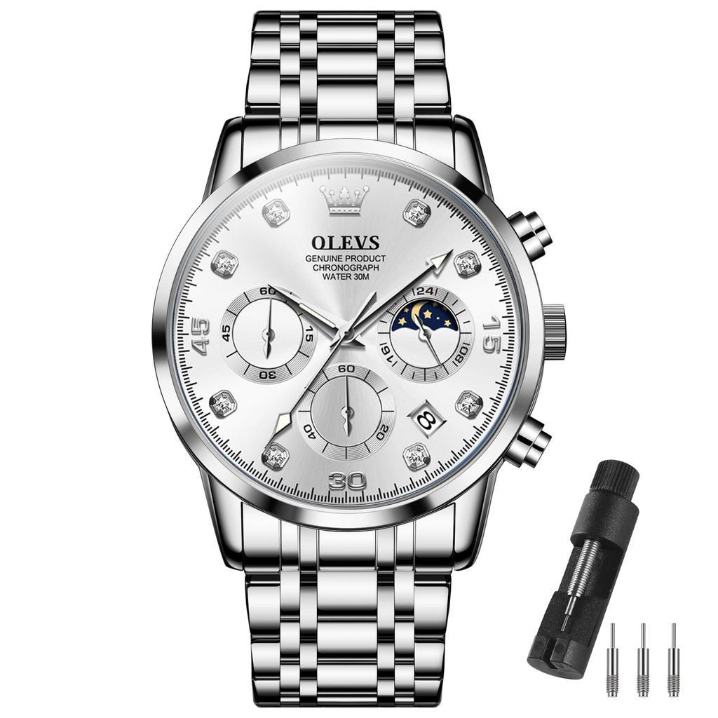 OLEVS Stylish and Popular Quartz Wristwatch with Date Silver Stainless Steel Classic Moon Swatch Men's Watch, Display, Waterproof, Business, Band,