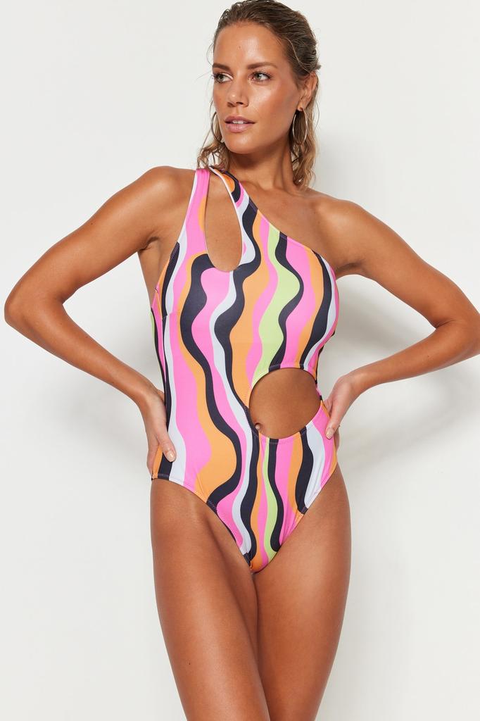Women's New Season Swimsuit Tropical Patterned One Shoulder Cut Out Window Normal Leg Swimsuit