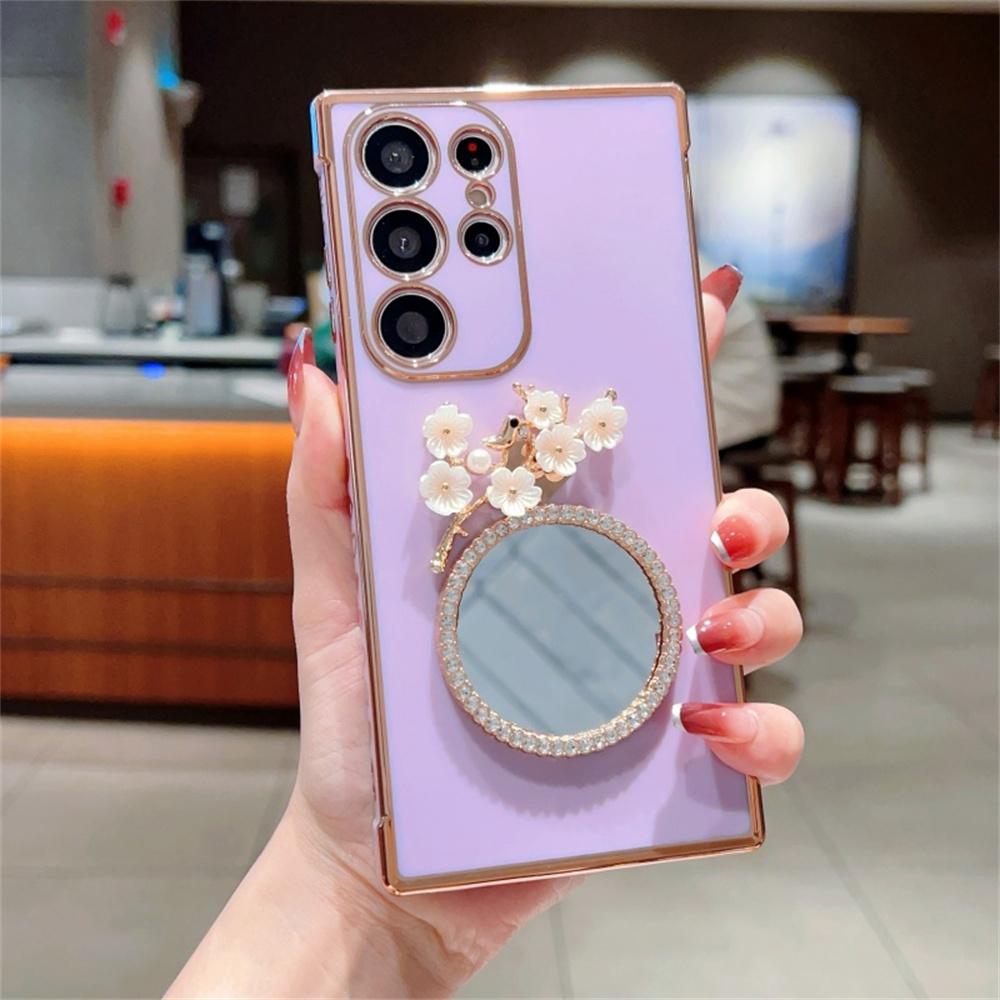 For Samsung Galaxy S24 Ultra Case with Plum Blossom Mirror Electroplating Edge Heart Pattern TPU Phone Cover