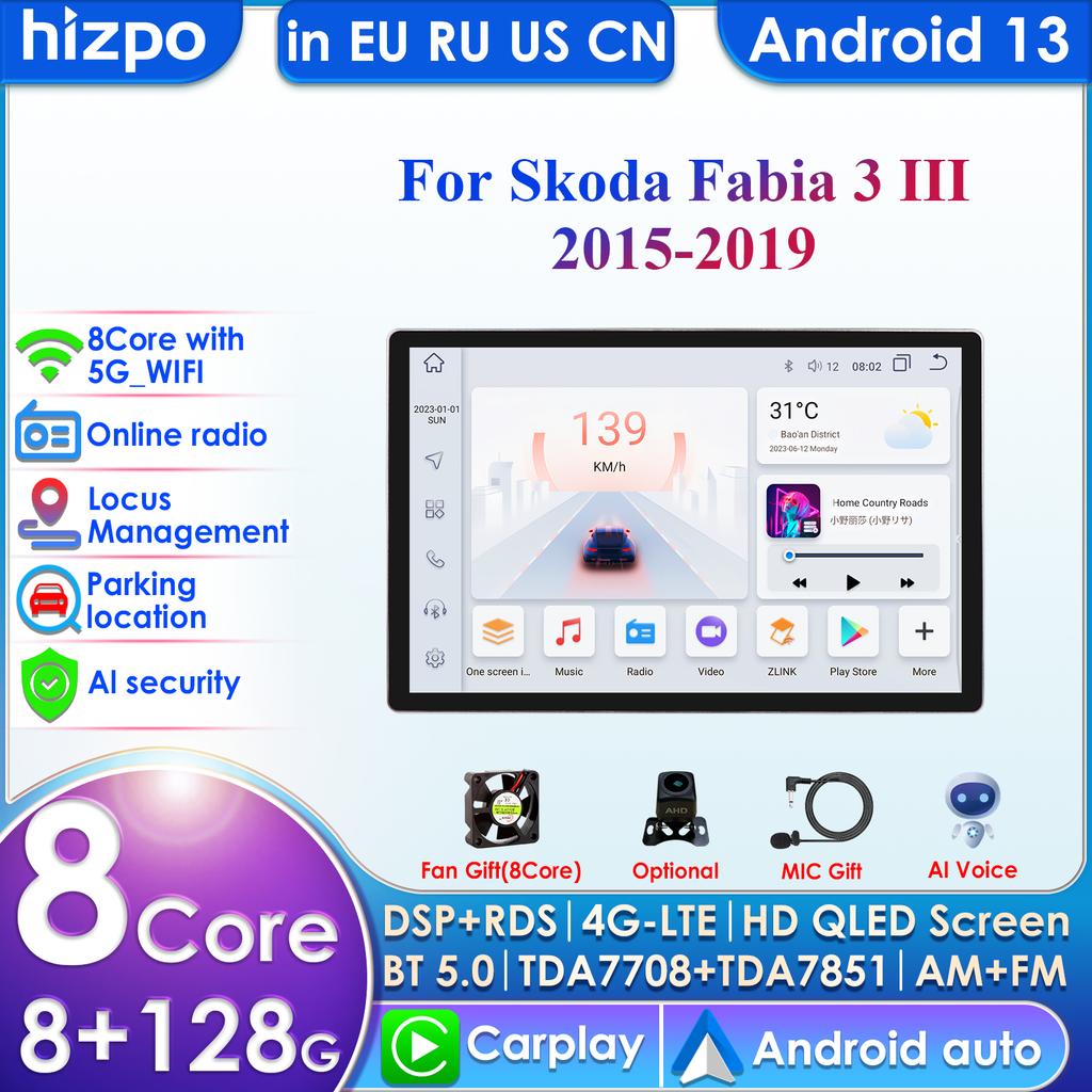 Hizpo Carplay 4G 9" Car Radio Android for Skoda Fabia 3 III 2015 2016 2017 2018 2019 Multimedia Player Navigation GPS 2 Din Stereo DSP  Blueteeth DVR