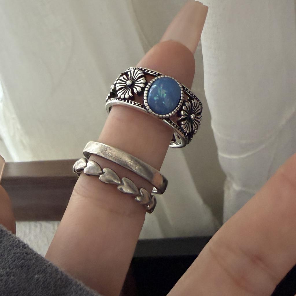 925 Sterling Silver Rings For Women Vintage Handmade Adjustable Blue Stone Ring Fashion Female Bijoux Gift