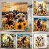 Farm Funny Animals Shower Curtain Highland Cow Cat Sunflower Floral Rustic Country Home Polyester Fabric Curtains Bathroom Decor
