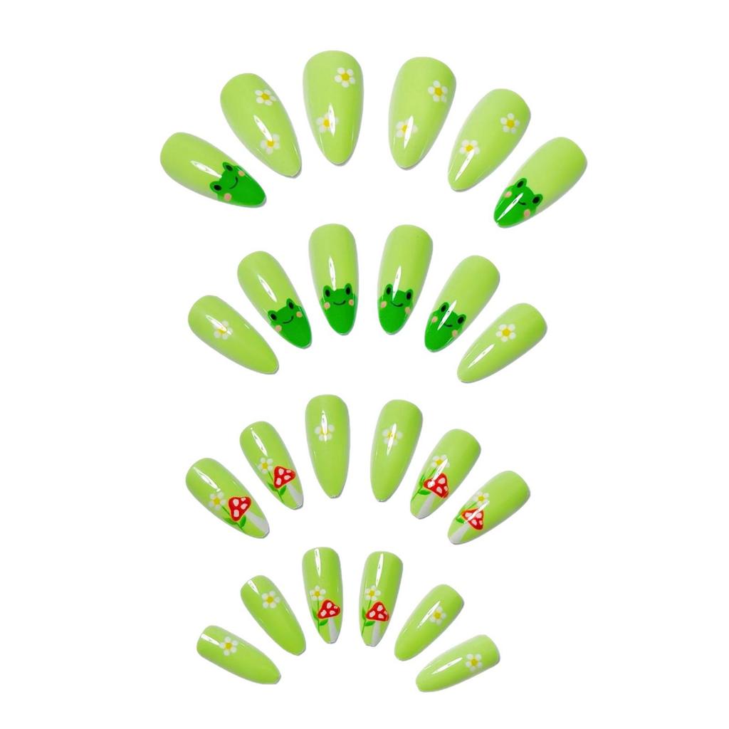 24-Piece Almond Shape Wearable Nails with Green French Tip, Frog, Cherry, Mushroom, and Star Art