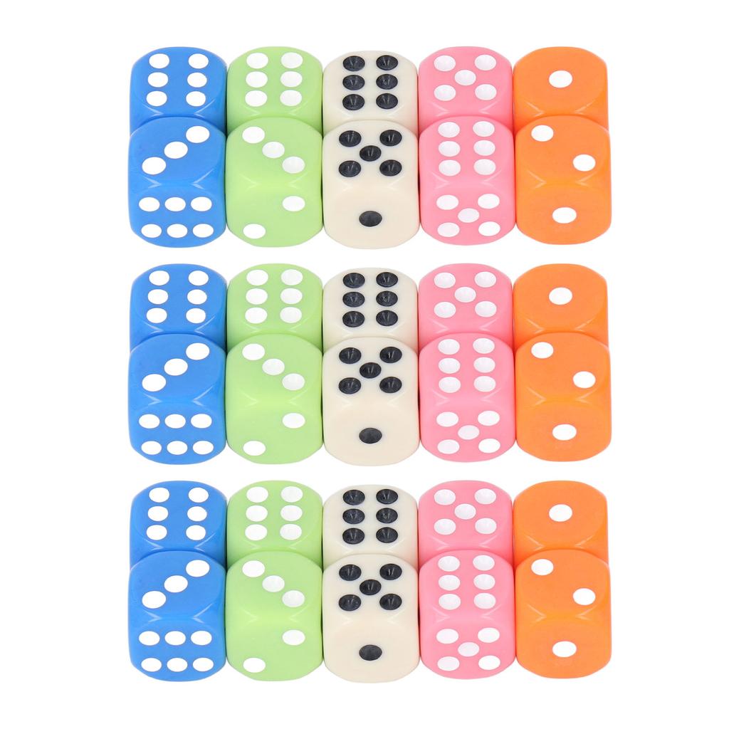 30PCS Colored Dice Set Plastic 6 Sided Standard Game Dice for Kids Classroom Math Learning White Blue Orange Pink Green