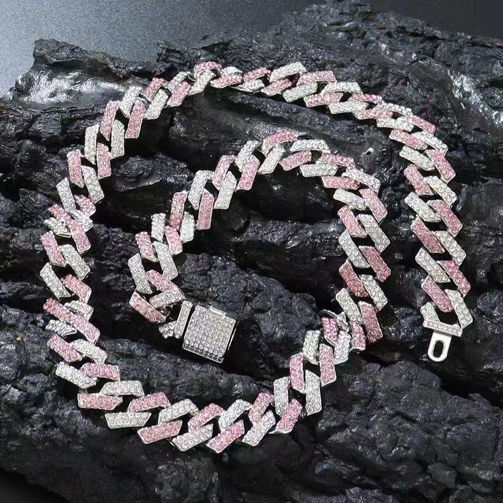 15mm Rhombus Cuban Chain Hip Hop Men's Necklace with Rhinestones - European & American Style
