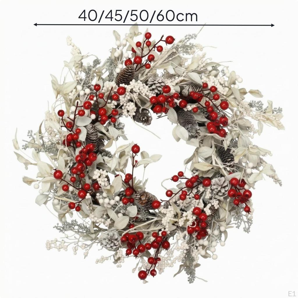 Christmas Wreath Frosted with Red Berries Artificial Decorations for Mantel, Wall