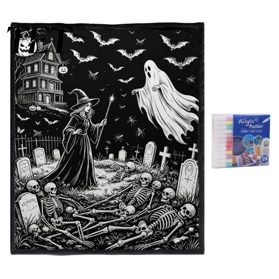 Cozy Warm Throw for Sofa Halloween DIY Coloring Blanket with 24 Markers, Washable Blanket, Color Art Therapy Relaxation Your Own Spooky Pattern