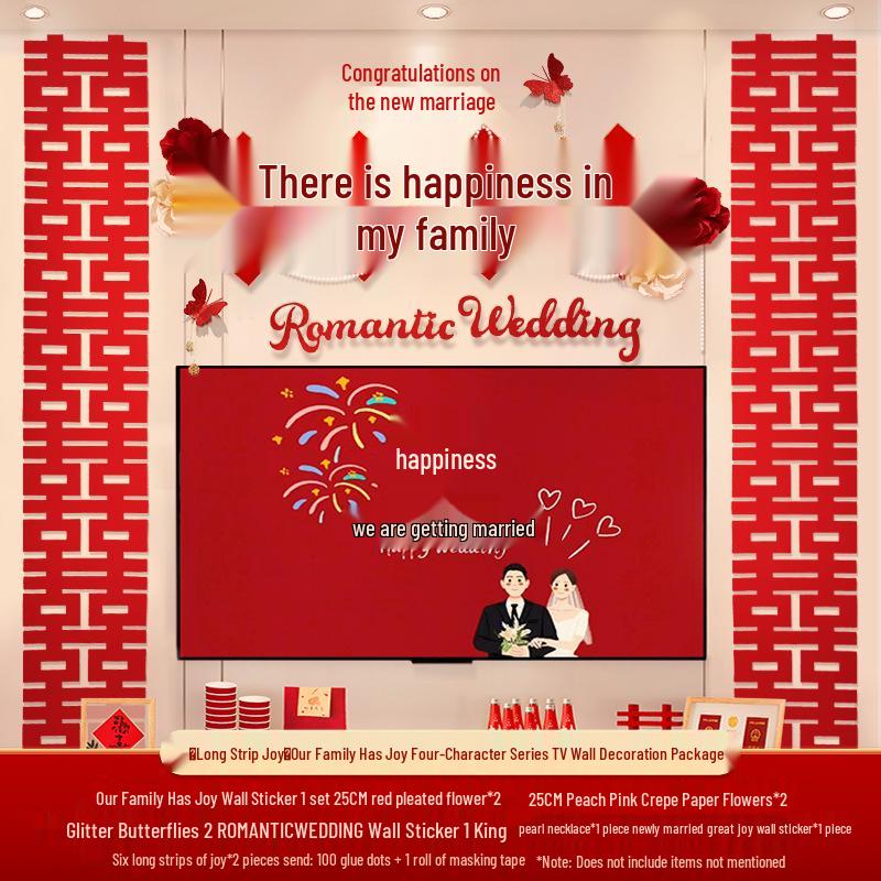 Bridal Bedroom & Living Room Decoration Set: Double Happiness Wall Stickers for Newlyweds