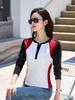 Women's Slim Fit Color Block Long-Sleeve Top with Half-Open Collar for Spring & Autumn 2025