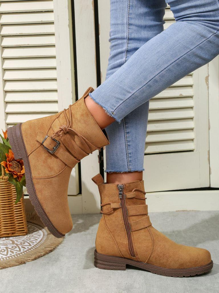 Women's 2023 Retro Suede Motorcycle Boots - Round Toe, Low Heel, Plus Size, Side Zipper for Autumn & Winter