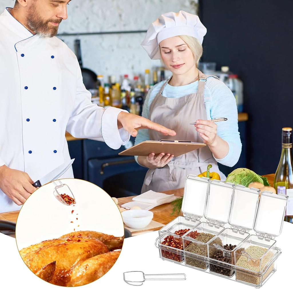 Four Compartment Transparent Seasoning Box with Spoon Lid and Storage Base, Salt, Sugar, MSG Four in One Storage Container