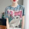 2026 Summer New Women's Round Neck Loose Tie-Dye Cartoon Cat Print Short Sleeve T-Shirt Top