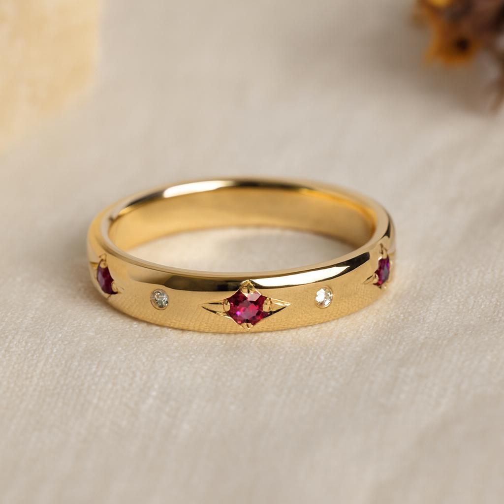 Wedding Engagement Anniversary Promise Gift – Yellow Gold Plated Ruby Wedding Band, Women’s Pave Pink Stone Minimalist Dainty Gold Ring