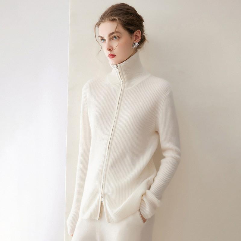 Womens Thick Cashmere Knit Cardigan With High Neck Dual Zippers Fall Winter Loose Fit Long Sleeve Outerwear