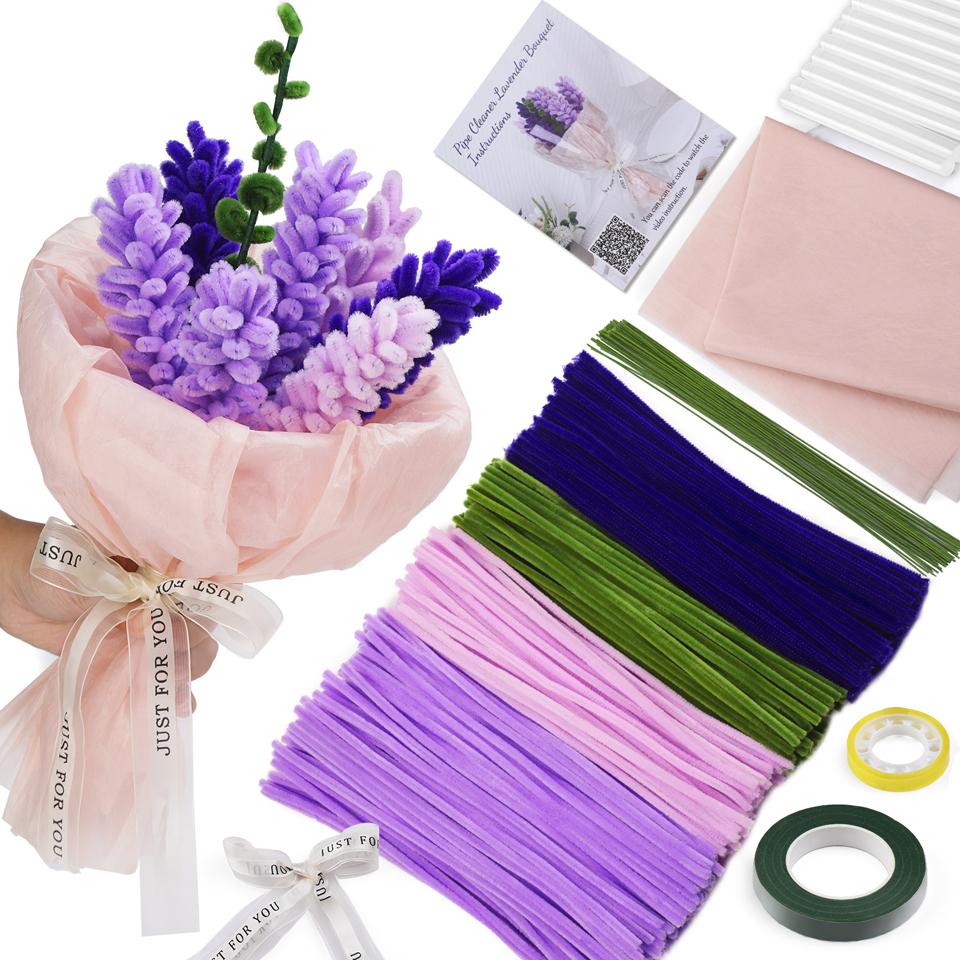 

FENRRY 400PCS 4Colors Lavender Bouquet Flower Craft Kit Прочистители труб Craft с пошаговыми видеоуроками для подарка