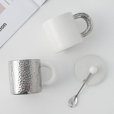 Ins Light Luxury Hammer Pattern Ceramic Cup Mug with Lid Solid Color Water Cup Coffee Cup Milk Cup Breakfast Cup Coffee Cup Coffee Cup