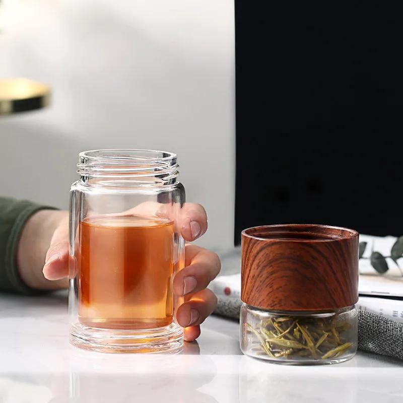 Doppelwandige Glas-Kanne, Hitzebeständiges Teekännchen mit Sieb, Glas zur Trennung von Tee und Wasser, Transparente Holzmaserung Teetassen 300ml