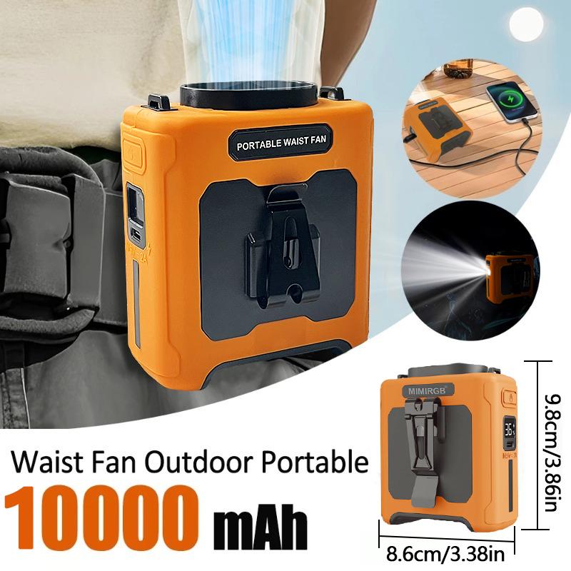 10000mAh Portable Waist Clip Fan with LED Light and Power Bank Strong Airflow Cooling Fan for Outdoor Play and Work