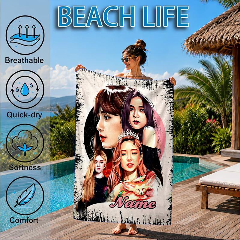Custom Name Kpop Aesthetic Collage Beach Towel Microfiber Beach Towel, Lightweight and Quick-Dry, for Summer Travel, Swimming Pool Gift