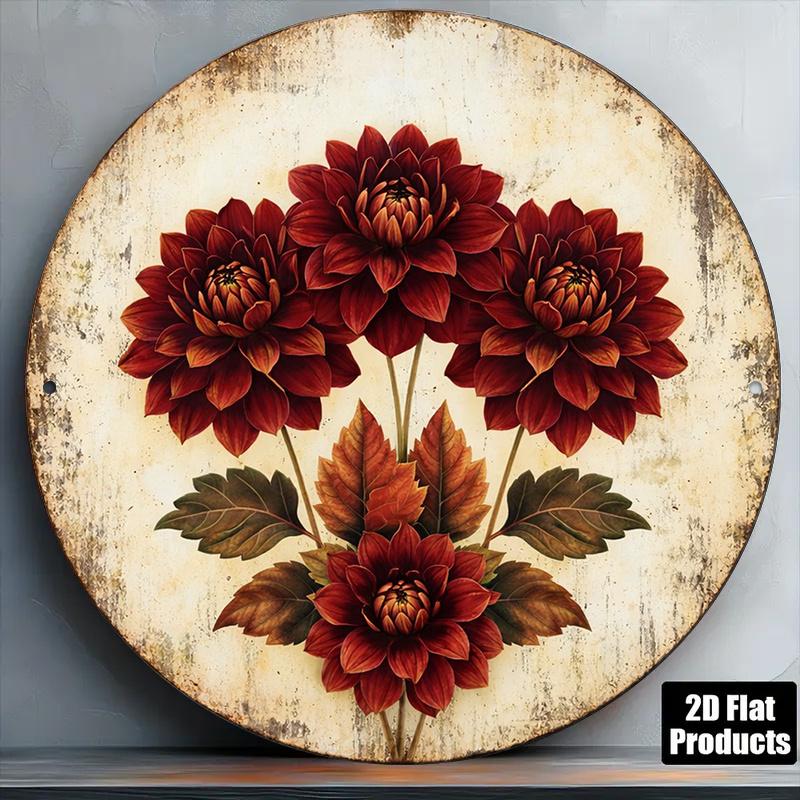 D Flat pc InXCm D Flat Round Sign Vintage Plaque about Dahlia Flowers Vintage Country Style Floral Decorative Sig